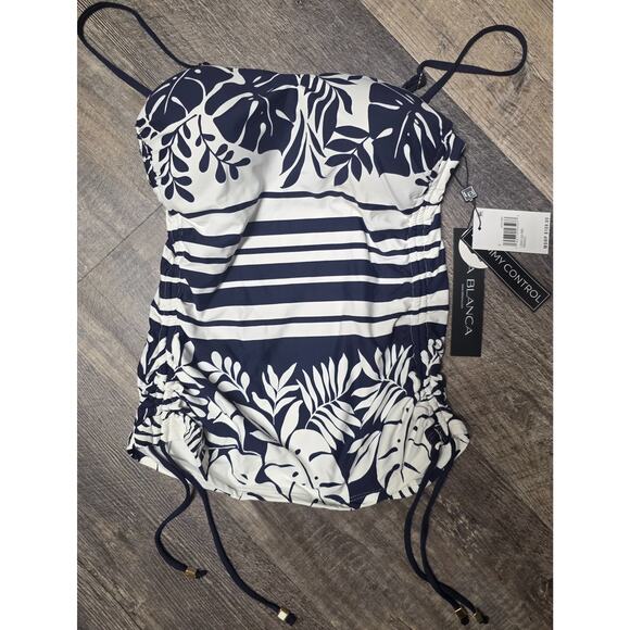 La Blanca Other - La Blanca US 6 Tummy Control Tankini Top Swimsuit Navy White Striped Floral NWT